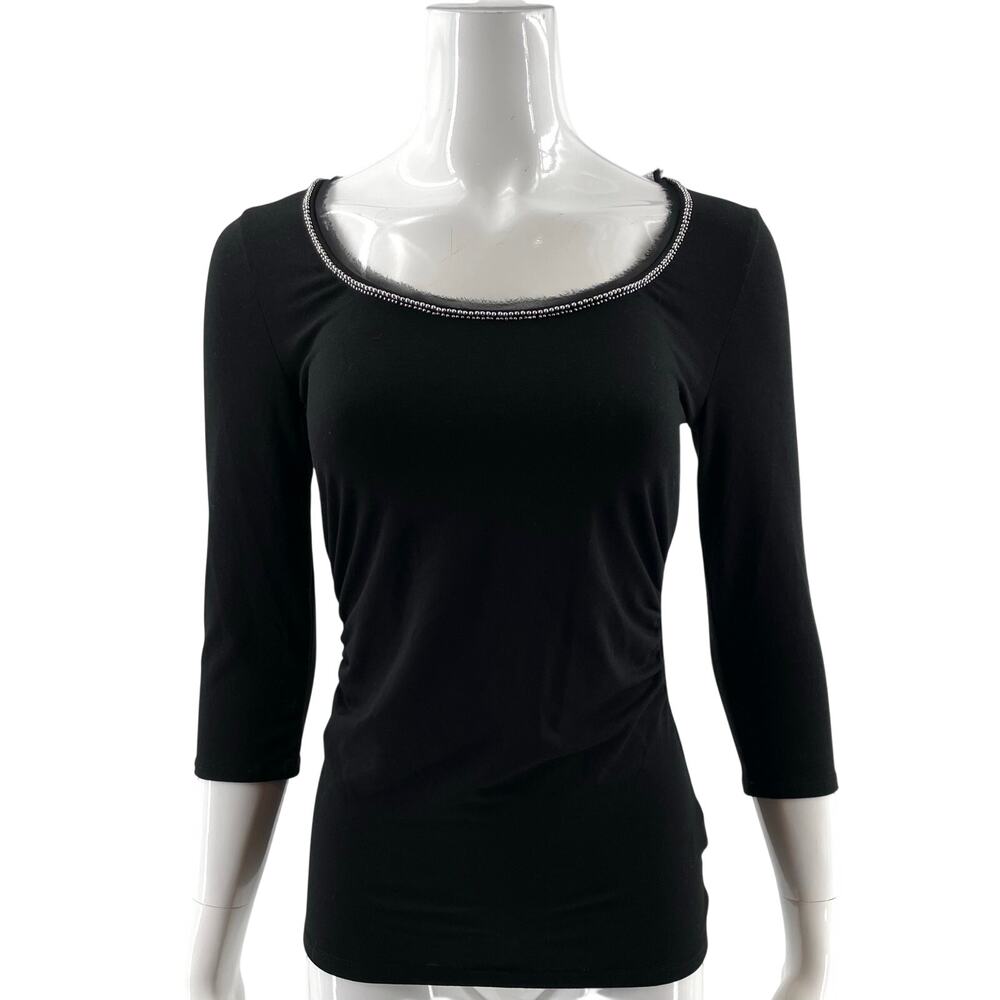 WHBM Womens Top Size XS Black Silver Beaded Neck Stretch Knit Shirt NWOT
